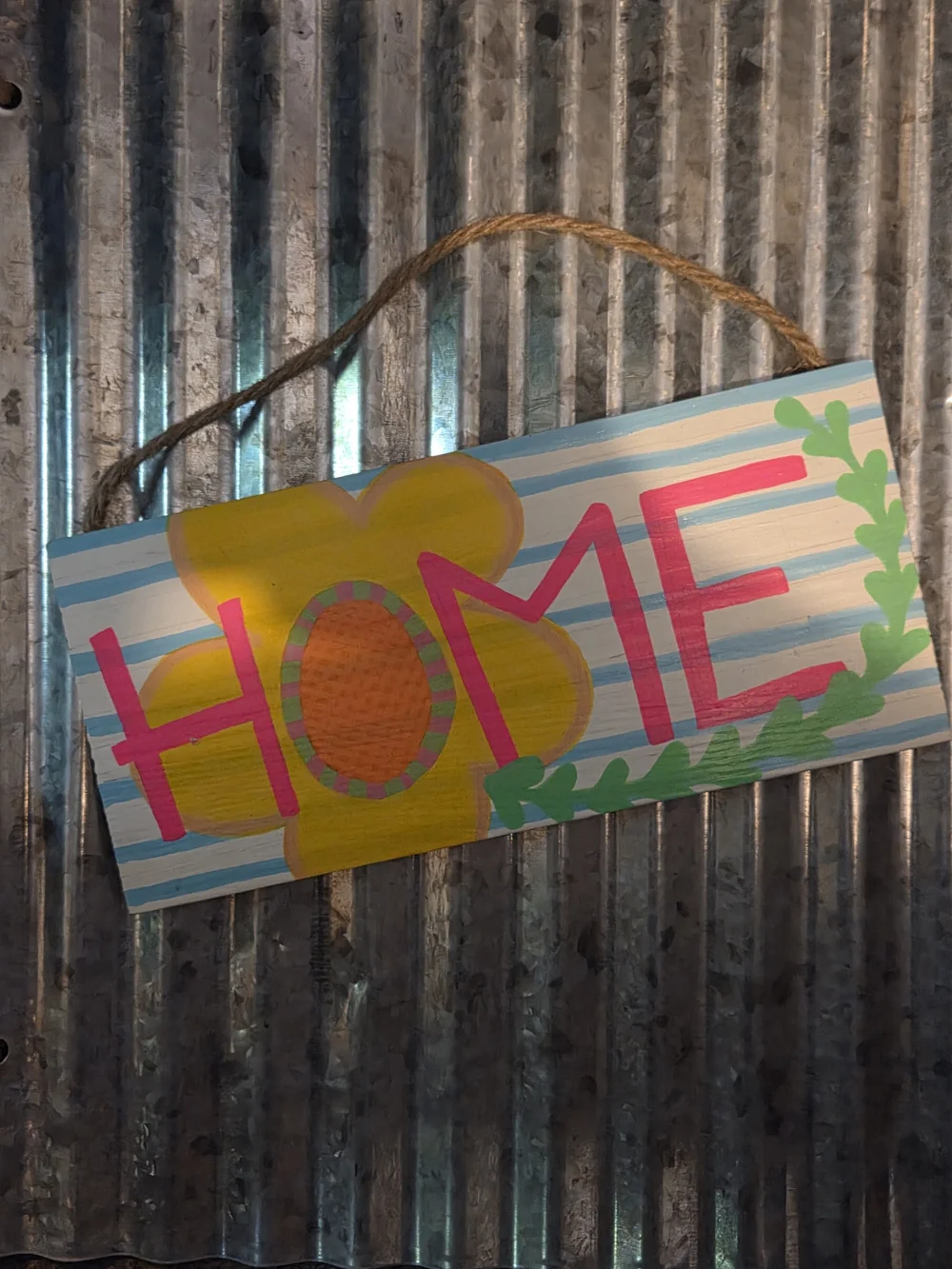 Hand-Painted 'HOME' Floral Wood Wall Sign in Yellow, Pink & Blue